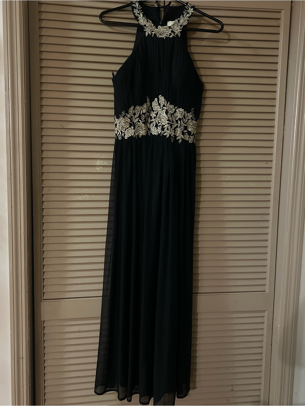Black Evening Gown with Silver Floral Embroidery